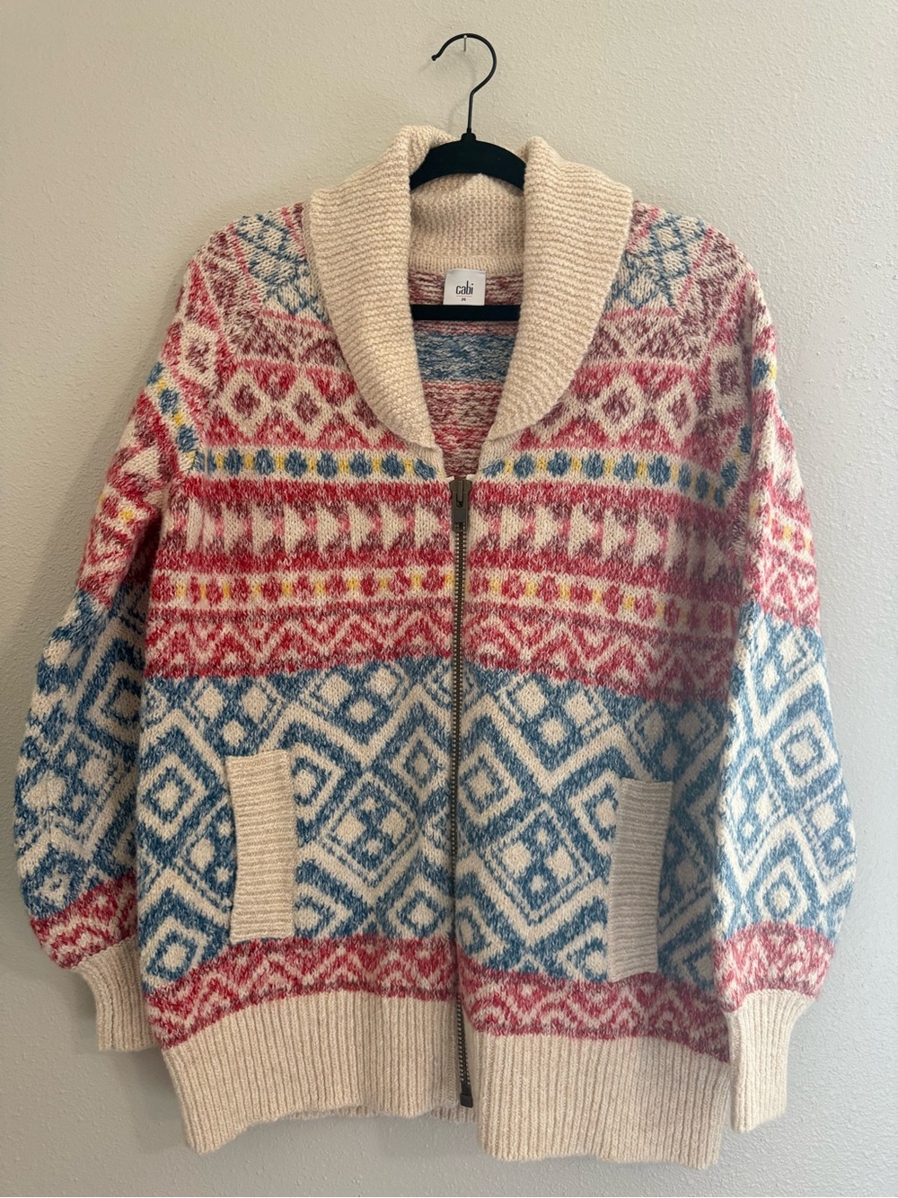 CAbi Cream Fair Isle Zip-Up Sweater with Red and Blue Accents